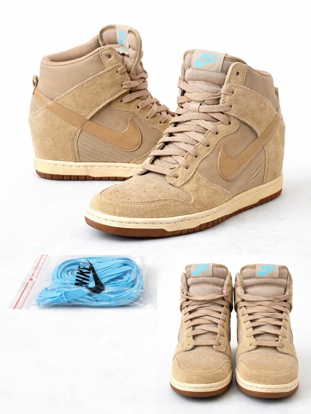 Nike Dunk Sky Hi Wedge Sneakers Tan Suede/Turquoise Womens [9.5] w Extra Laces